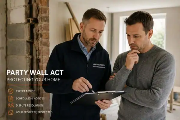 Party wall surveyor Peterborough discussing extension plans with homeowner outside a UK semi-detached house.